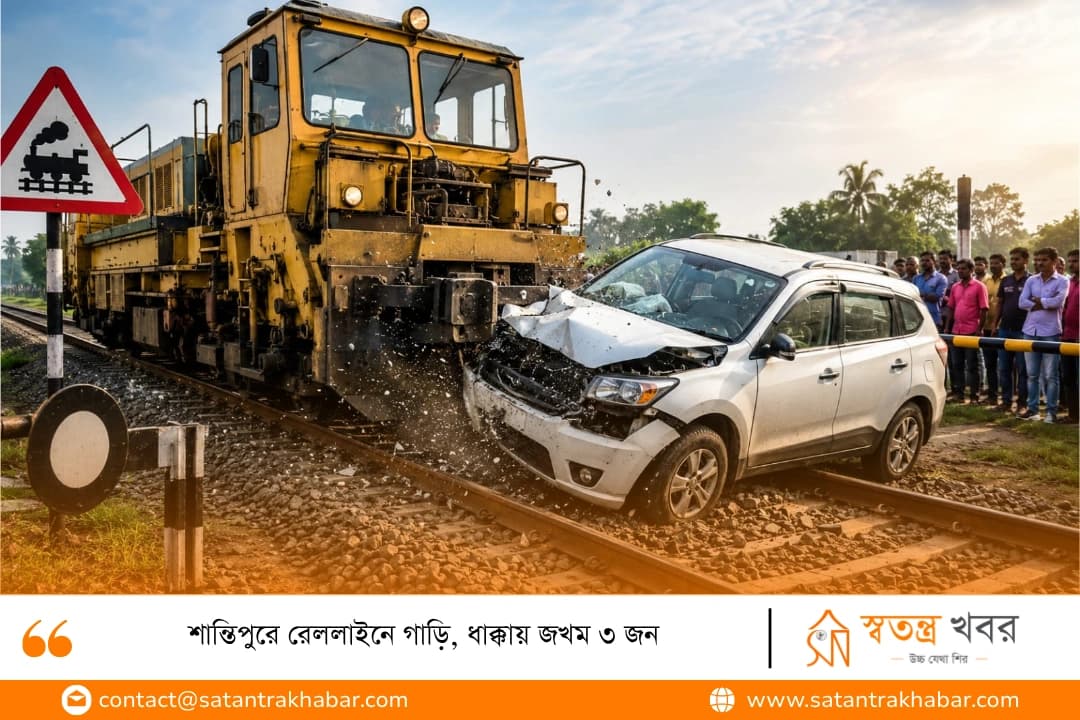শান্তিপুরে রেললাইনে গাড়ি, ধাক্কায় জখম ৩ জন