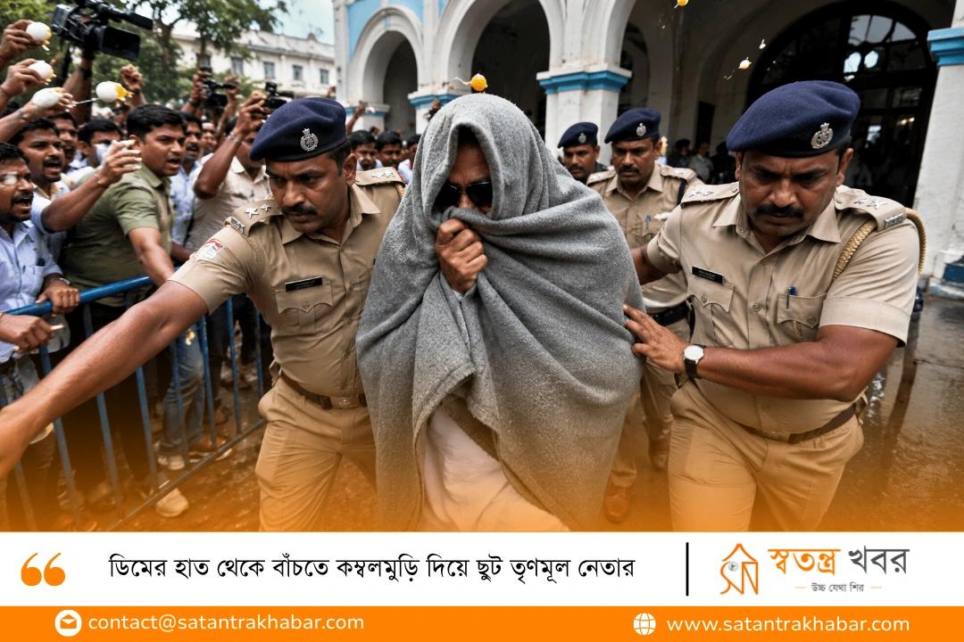 ডিমের হাত থেকে বাঁচতে কম্বলমুড়ি দিয়ে ছুট তৃণমূল নেতার