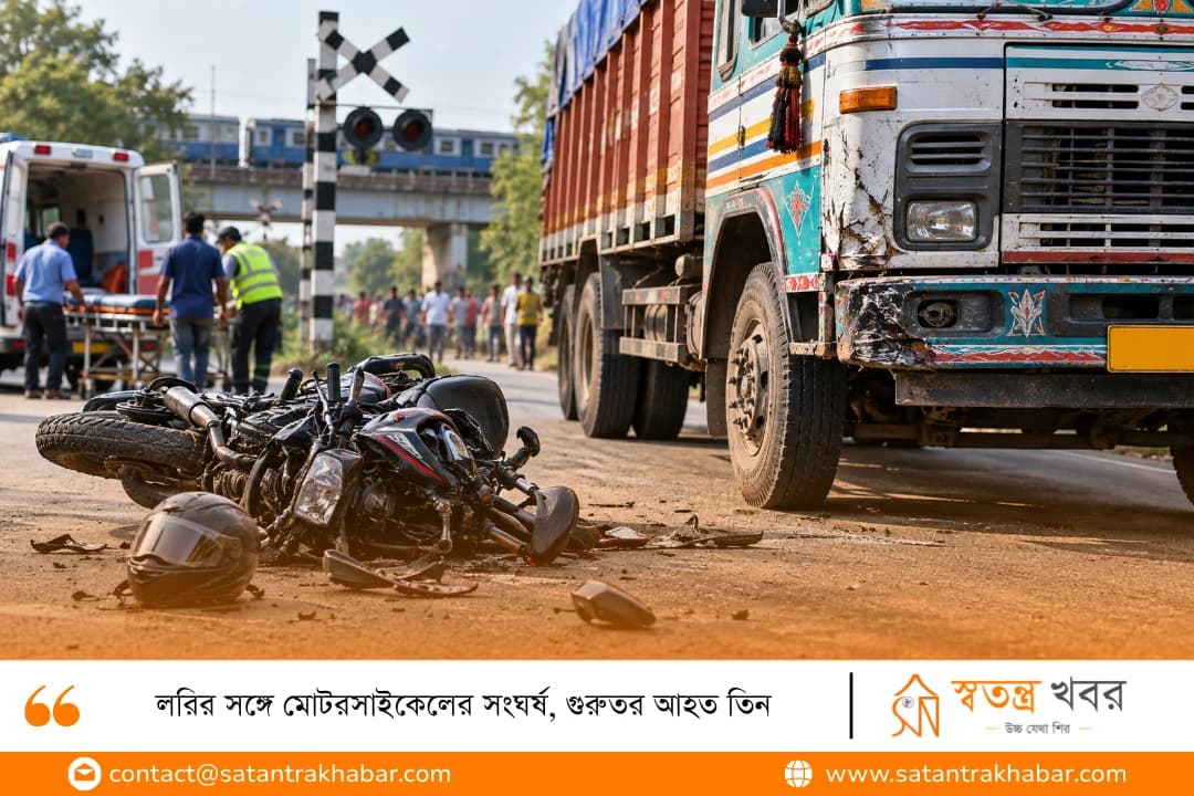 লরির সঙ্গে মোটরসাইকেলের সংঘর্ষ, গুরুতর আহত তিন